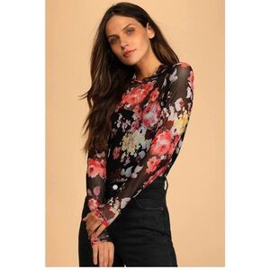 Lulus Totally A Vibe Black Floral Print Mesh Long Sleeve Bodysuit - Size M